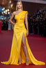 Load image into Gallery viewer, Satin Ruched Yellow One Shoulder Long Gala Dress with Slit