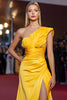 Load image into Gallery viewer, Satin Ruched Yellow One Shoulder Long Gala Dress with Slit