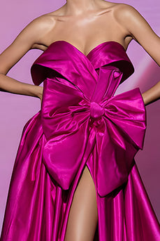Fuchsia A Line Strapless Long Pageant Dress with Bow