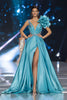 Load image into Gallery viewer, Sparkly Blue A Line V-Neck Long Pageant Dress with 3D Flower