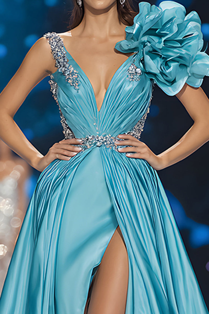 Load image into Gallery viewer, Sparkly Blue A Line V-Neck Long Pageant Dress with 3D Flower