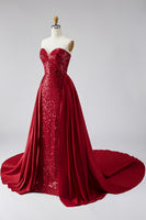 Load image into Gallery viewer, Sparkly Dark Red Sequin Strapless Long Pageant Dress with Cape