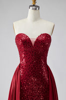 Load image into Gallery viewer, Sparkly Dark Red Sequin Strapless Long Pageant Dress with Cape
