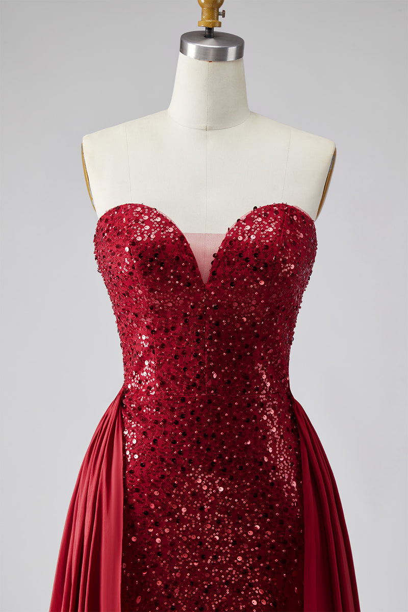 Load image into Gallery viewer, Sparkly Dark Red Sequin Strapless Long Pageant Dress with Cape