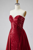 Load image into Gallery viewer, Sparkly Dark Red Sequin Strapless Long Pageant Dress with Cape