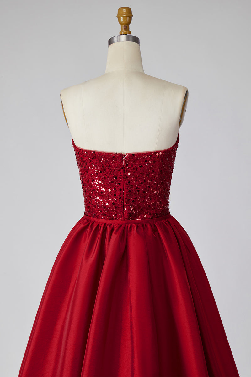 Load image into Gallery viewer, Sparkly Dark Red Sequin Strapless Long Pageant Dress with Cape