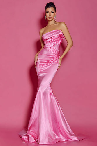 Simple Hot Pink Mermaid Strapless Long Pageant Dress