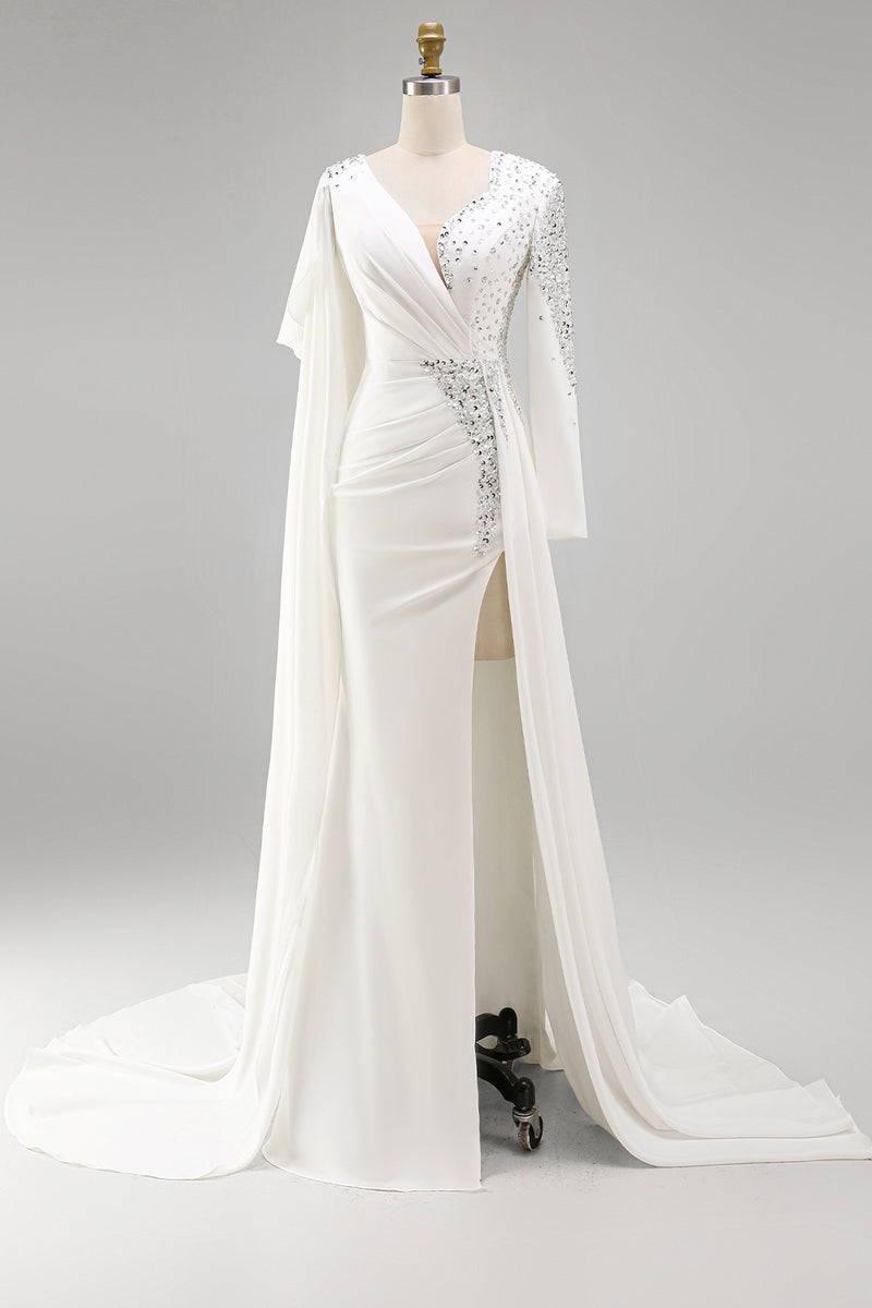 Load image into Gallery viewer, Sparkly White Long Sleeves Mermaid Pageant Dress with Slit