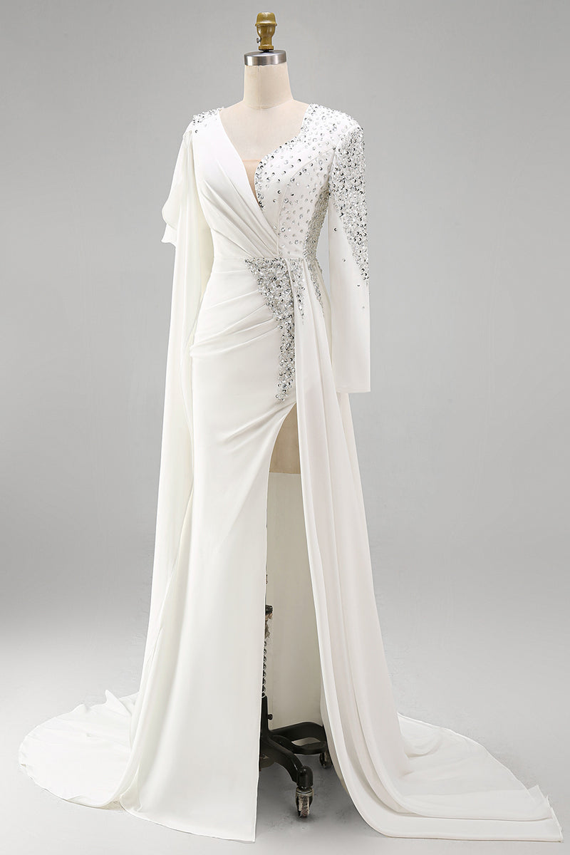 Load image into Gallery viewer, Sparkly White Long Sleeves Mermaid Pageant Dress with Slit