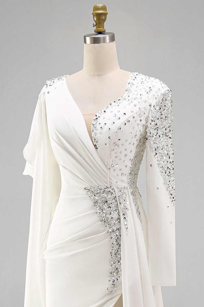 Load image into Gallery viewer, Sparkly White Long Sleeves Mermaid Pageant Dress with Slit