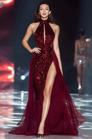Load image into Gallery viewer, Sparkly Burgundy Sequin High Neck Long Pageant Dress with Slit