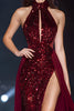 Load image into Gallery viewer, Sparkly Burgundy Sequin High Neck Long Pageant Dress with Slit