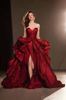 Load image into Gallery viewer, Women Dark Red Satin Long Pageant Dress with Slit Ruffled Sweetheart Ball Gown Military Ball Dress