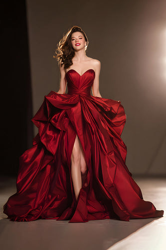 Dark Red Sweetheart Ball Gown Ruffled Long Pageant Dress with Slit