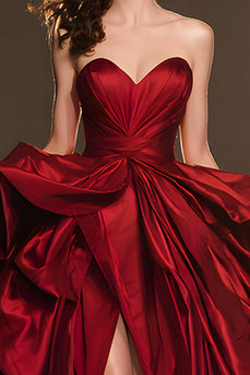 Dark Red Sweetheart Ball Gown Ruffled Long Pageant Dress with Slit