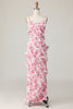 Load image into Gallery viewer, Blush Flower Sheath Ruffled Long Wedding Guest Dress with Slit