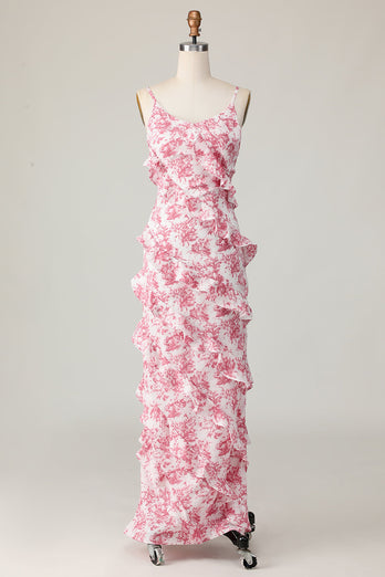 Blush Flower Sheath Ruffled Long Wedding Guest Dress with Slit