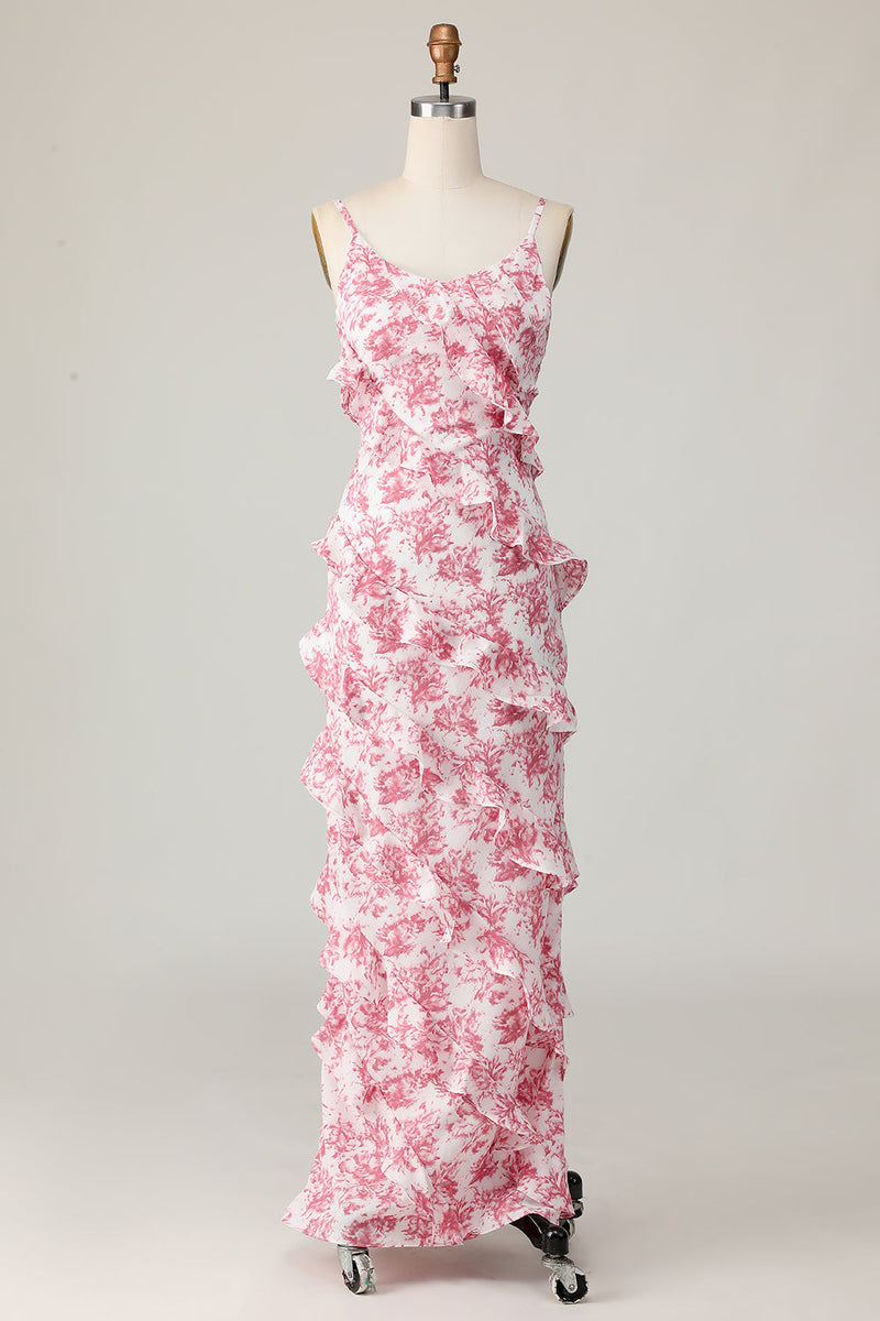 Load image into Gallery viewer, Blush Flower Sheath Ruffled Long Wedding Guest Dress with Slit