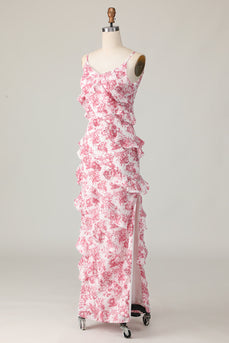 Blush Flower Sheath Ruffled Long Wedding Guest Dress with Slit