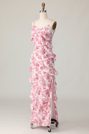 Blush Flower Sheath Ruffled Long Wedding Guest Dress with Slit