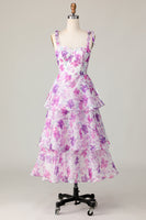 Load image into Gallery viewer, Purple Flower A Line Midi Wedding Guest Dress with Ruffles