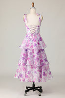 Load image into Gallery viewer, Purple Flower A Line Midi Wedding Guest Dress with Ruffles