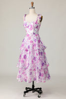 Load image into Gallery viewer, Purple Flower A Line Midi Wedding Guest Dress with Ruffles