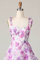 Load image into Gallery viewer, Purple Flower A Line Midi Wedding Guest Dress with Ruffles