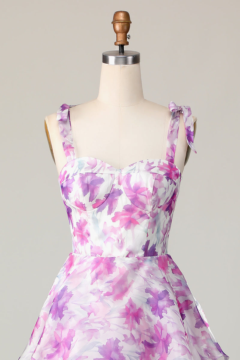Load image into Gallery viewer, Purple Flower A Line Midi Wedding Guest Dress with Ruffles