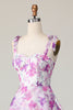 Load image into Gallery viewer, Purple Flower A Line Midi Wedding Guest Dress with Ruffles