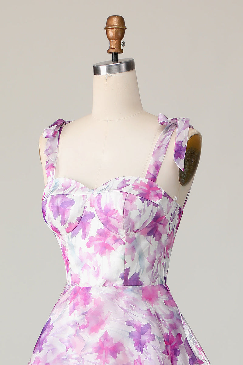 Load image into Gallery viewer, Purple Flower A Line Midi Wedding Guest Dress with Ruffles