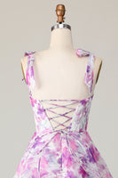 Load image into Gallery viewer, Purple Flower A Line Midi Wedding Guest Dress with Ruffles