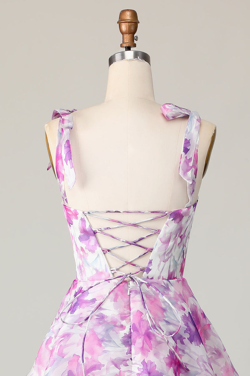 Load image into Gallery viewer, Purple Flower A Line Midi Wedding Guest Dress with Ruffles