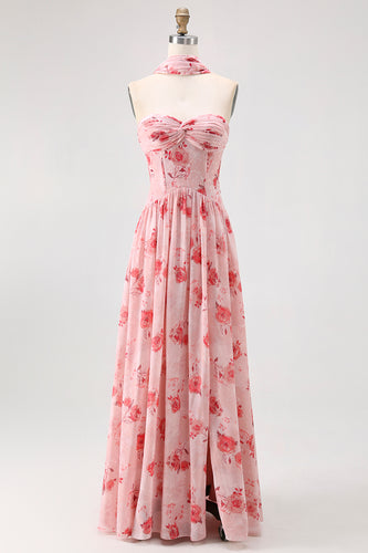 Dusty Rose Sweetheart Floral Neck Scarf Long Corset Prom Dress with Slit