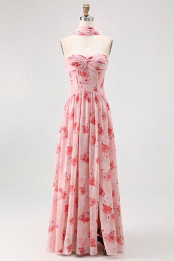 Dusty Rose Sweetheart Floral Neck Scarf Long Corset Prom Dress with Slit