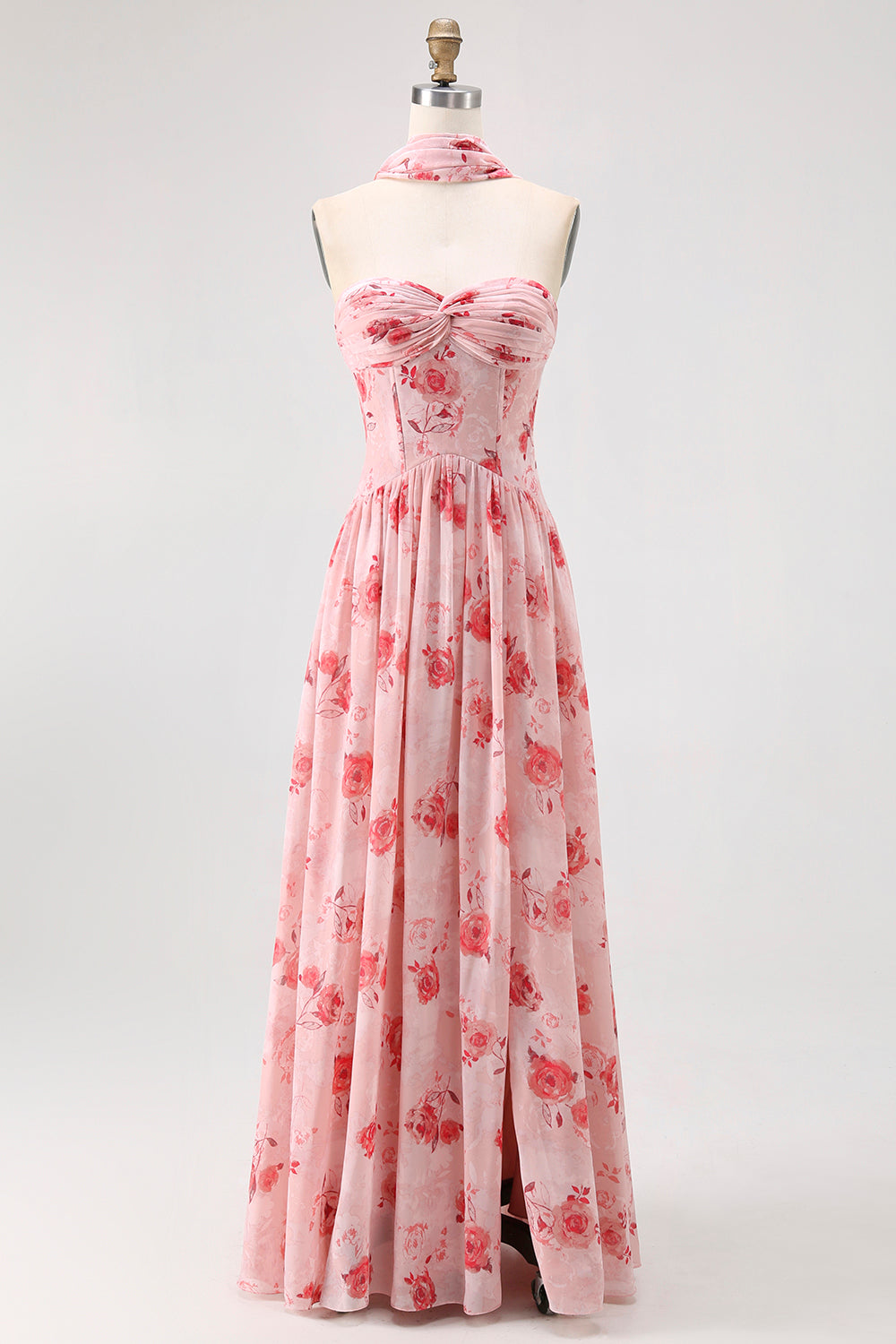 Dusty Rose Sweetheart Floral Neck Scarf Long Corset Prom Dress with Slit