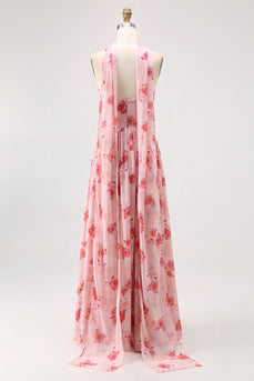 Dusty Rose Sweetheart Floral Neck Scarf Long Corset Prom Dress with Slit