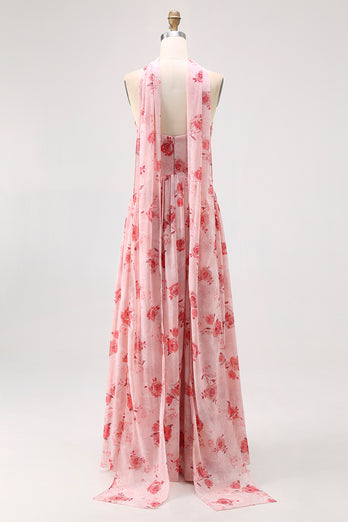 Dusty Rose Sweetheart Floral Neck Scarf Long Corset Prom Dress with Slit