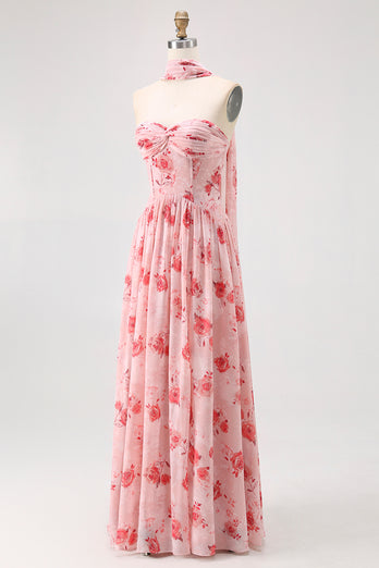 Dusty Rose Sweetheart Floral Neck Scarf Long Corset Prom Dress with Slit