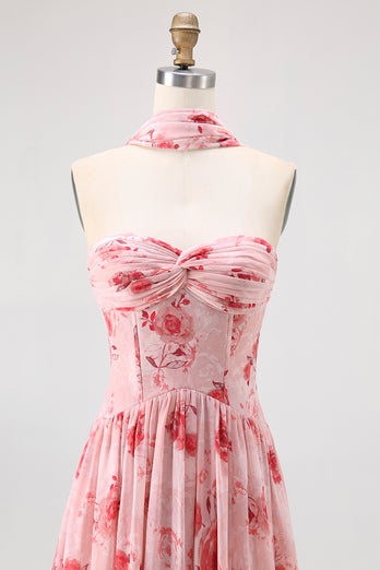 Dusty Rose Sweetheart Floral Neck Scarf Long Corset Prom Dress with Slit