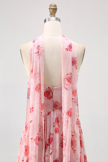 Dusty Rose Sweetheart Floral Neck Scarf Long Corset Prom Dress with Slit