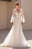 Load image into Gallery viewer, Ivory Tulle V-Neck Sweep Train A Line Corset Wedding Dress with Lace