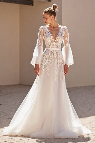 Ivory Tulle V-Neck Sweep Train A Line Corset Wedding Dress with Lace