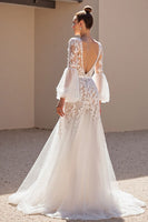 Load image into Gallery viewer, Ivory Tulle V-Neck Sweep Train A Line Corset Wedding Dress with Lace