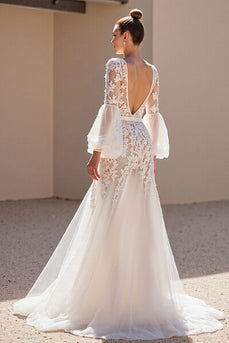 Ivory Tulle V-Neck Sweep Train A Line Corset Wedding Dress with Lace