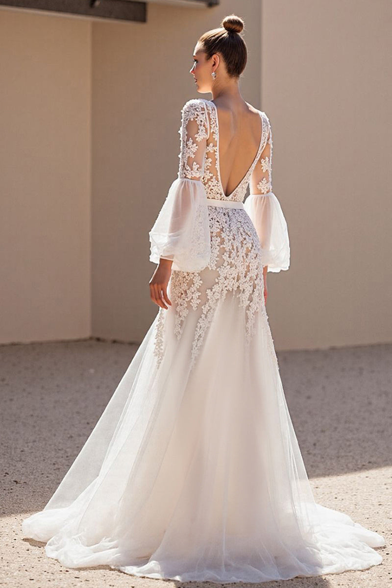 Load image into Gallery viewer, Ivory Tulle V-Neck Sweep Train A Line Corset Wedding Dress with Lace
