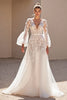 Load image into Gallery viewer, Ivory Tulle V-Neck Sweep Train A Line Corset Wedding Dress with Lace