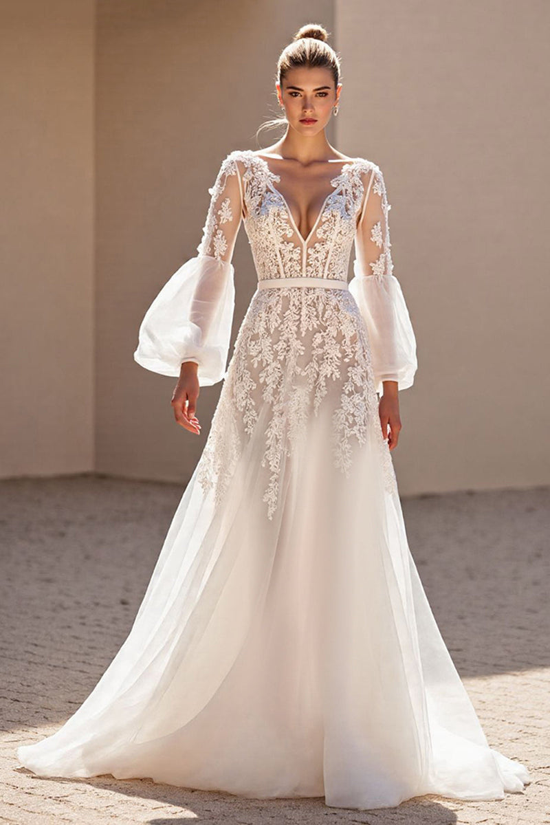 Load image into Gallery viewer, Ivory Tulle V-Neck Sweep Train A Line Corset Wedding Dress with Lace