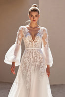 Load image into Gallery viewer, Ivory Tulle V-Neck Sweep Train A Line Corset Wedding Dress with Lace