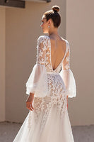 Load image into Gallery viewer, Ivory Tulle V-Neck Sweep Train A Line Corset Wedding Dress with Lace